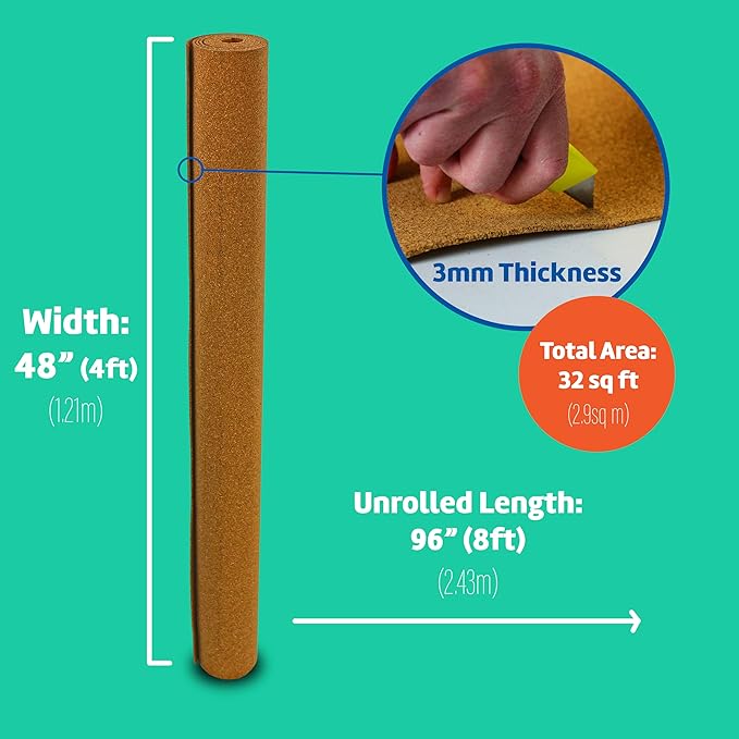 Flipside Products Cork Roll 4' x 8' x 3MM - DIY Bulletin Board, Wall Accent, Décor, Soundproofing, Cork Board Roll, Push Pin Display, Home, School, Office - Environmentally Friendly, Self-Healing-DeskLoop Office