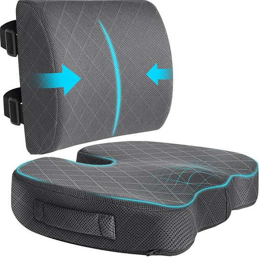 TushGuard Office Chair Cushions with Handles, Back&Seat Cushion, Sciatica & Back Coccyx Tailbone Discomfort Easing Chair Pad, Memory Foam Lumbar Support Pillow for Gaming, Desk, Wheelchair, Car(Grey)-DeskLoop Office