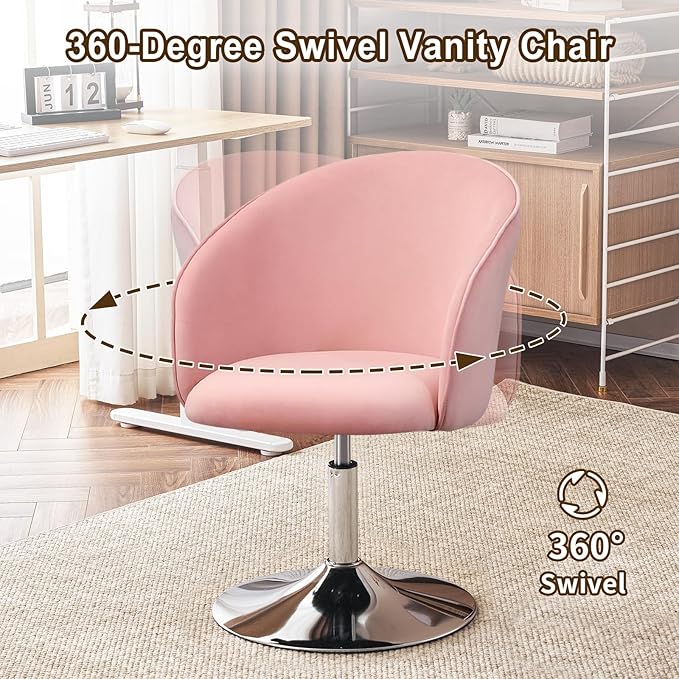 Furnimart Velvet Vanity Chair with Chrome Frame, Height Adjustable & Swivel, Pink - Living Room, Bedroom, Office-DeskLoop Office