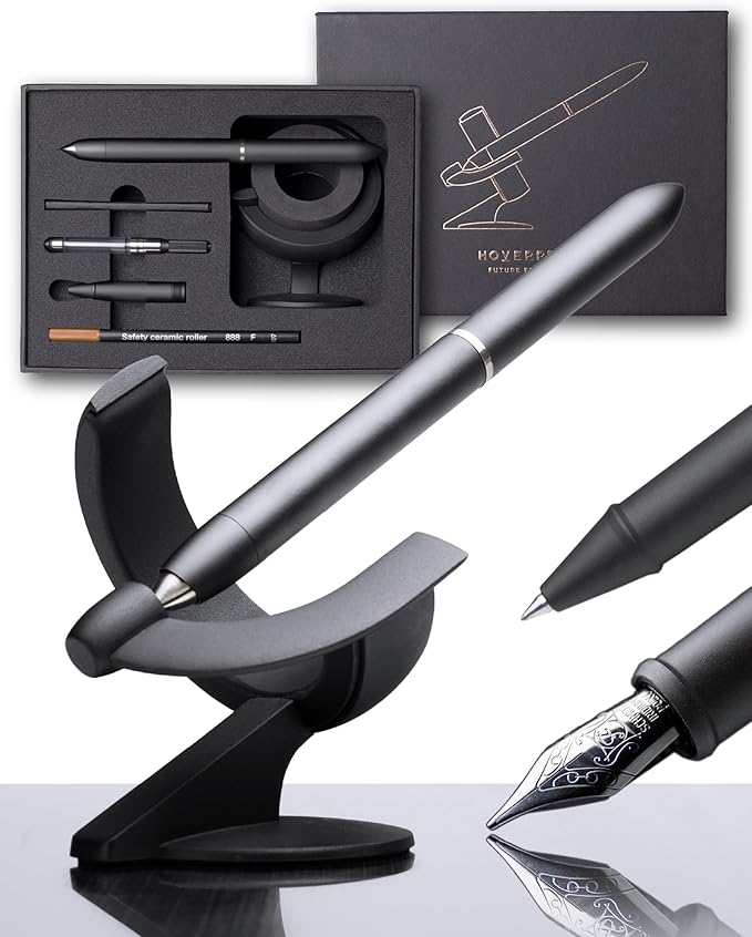 novium Hoverpen Future Edition - Luxury Fountain Pen & Rollerball Pen All-In Gift Box, Fine Nib, Futuristic Aesthetic, Aerospace Metal Made, Free Spinning Executive Pen, Gifts for Boss (Deep Black)-DeskLoop Office