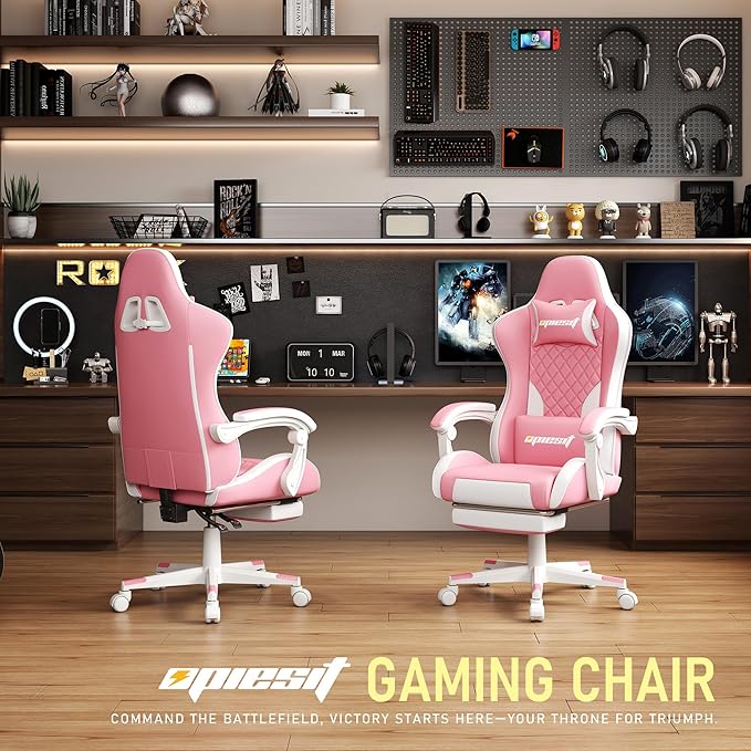 Gaming Chair,Ergonomic Computer Chairs for Adults with Footrest, PU Leather Office Chair with Adjustable Lumbar Support & Pocket Spring Cushion - Heavy Duty 400lb Capacity Gamer Chair (Pink)-DeskLoop Office