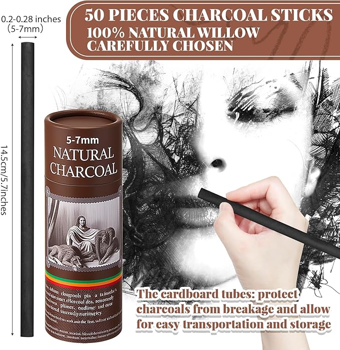 Gueevin 50 Pcs Willow Charcoal Sticks, Willow Charcoal, Artists, Beginners, Students, Perfect for Sketching, Drawing, Shading, and Fine Art (5-7mm)-DeskLoop Office