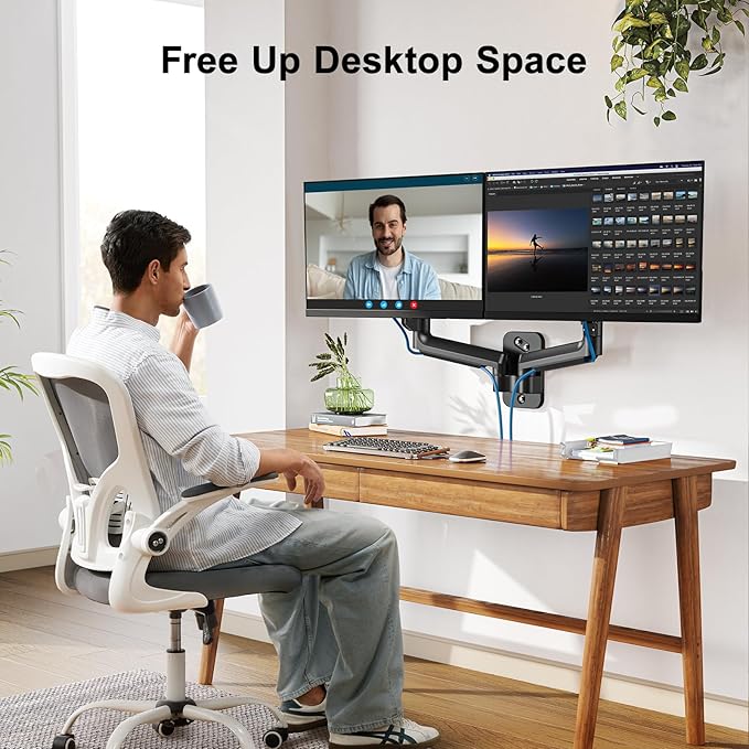 HUANUO Dual Monitor Wall Mount with Gas Spring Arms - 17-32 Inch Computer Screen Mount (4.4-17.6lbs Per Arm) - VESA 75x75/100x100 Height Adjustable Stand for Dual Monitors - Home Office Desk Setup-DeskLoop Office