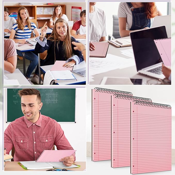3 Packs 8.5" x 11" Top Spiral Notebook with 3 Hole Punched Legal Pads College Ruled Notepad 50 Sheets Hard Cardboard Paper Wirebound Notepad for Office School Business (Pink)-DeskLoop Office