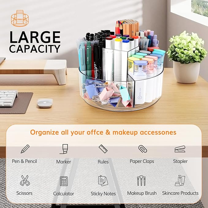 Rotating Pencil Holder for Desk, 5 Slots 360-Degree Spinning Acrylic Pen Holder for Desk, Marker Holder Caddy Art Supply Organizer Pen Organizer for Office Home School-DeskLoop Office