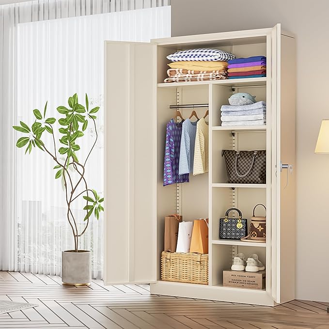 INTERGREAT Metal Storage Cabinet with Lock,72 Tall Armoire Wardrobe Closet with Doors,Cream Grey Storage Closet Cabinet with Adjustable Shelves and Removable Hanging Rods-DeskLoop Office