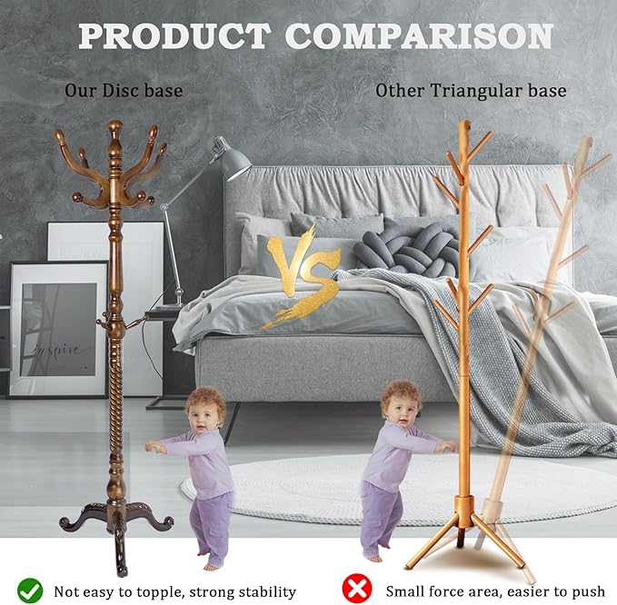 Coat Racks FreeStanding with 11 Hooks, Natural Wood Coat Rack with Tri-Legged Base, Adjustable Height Coat Racks, Easy Assembly for Hallway, Bedroom and Office (Walnut-Tri-Legged Base)-DeskLoop Office