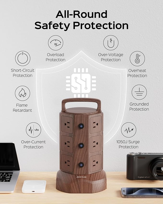 JACKYLED Power Strip Tower Surge Protector with 6.5ft Extension Cord 6 USB Ports and 12 AC Outlets Electric Charging Station for Home Office Dorm Desktop Computer Walnut and Black-DeskLoop Office