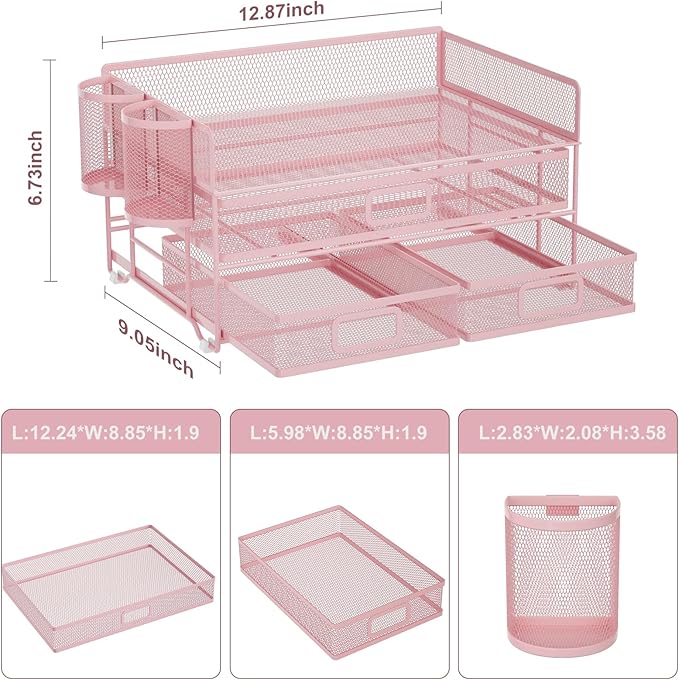 Marbrasse 3 Tier Mesh Desk Organizer with Drawer, Multi-Functional Desk Organizers and Accessories, Paper Letter Organizer with 2 Pen Holder for Home Office Supplies (Pink)-DeskLoop Office