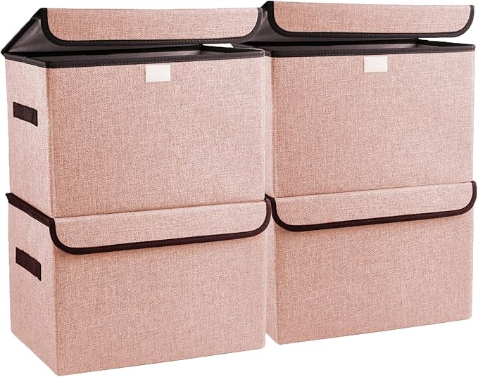 Linen Fabric Foldable Storage Cube Bin Organizer Basket with Flip-Top Lid & Handles, Large Clothes Blanket Box for Home, Office, Closet, Pink, 4 Pack 14.6 x 9.5 x 9.5”-DeskLoop Office