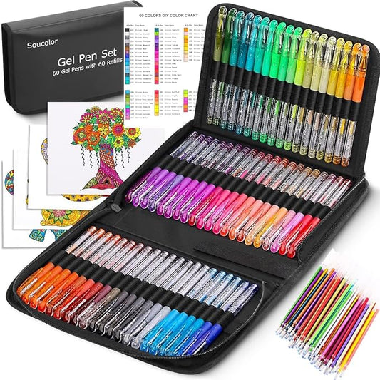 Soucolor Glitter Gel Pens for Adult Coloring Books, Back to School Supplies, 120 Pack-60 Glitter Pens, 60 Refills and Travel Case, 40% More Ink Markers Set for Drawing Doodling Journaling Art Supplies-DeskLoop Office