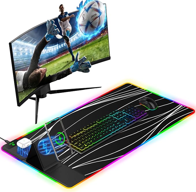 Mouse Pad with Foldable Phone Holder & Wireless Charger, XXL RGB Gaming by miroddi