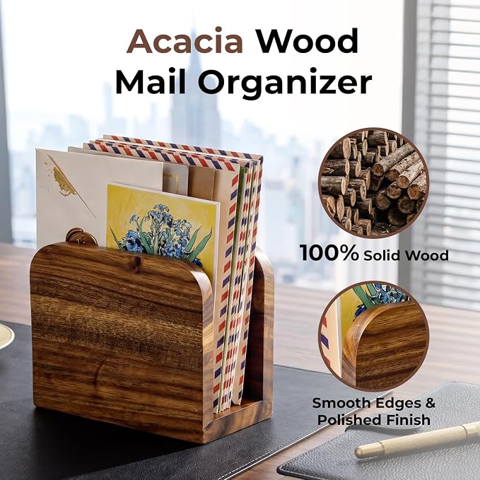Acacia Wood Mail Organizer Countertop -Small Letter Holder - Image 5