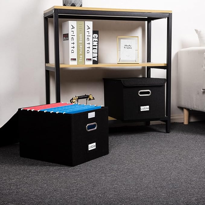 PRANDOM File Organizer Box - Set of 4 Collapsible Decorative Linen Filing Storage Hanging File Folders with Lids Office Cabinet Letter Size Black (15x12.2x10.75 inch)-DeskLoop Office