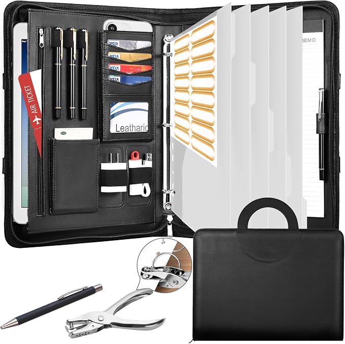 Leathario Portfolio Binder, Includes 5 Folder Index Dividers, 1 Hole Punch by Leathario