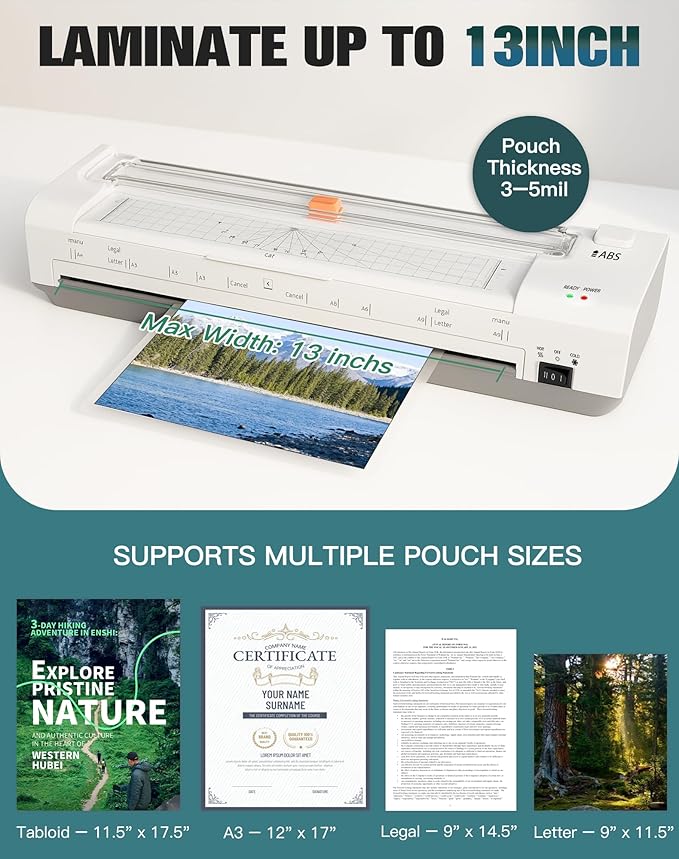 13 Inch Laminator Machine with Auto Paper Feed, Never Jam A3 Thermal & Cold Lamination, 20 Laminating Sheets, 10-in-1 Laminator with Cutter, Trimmer & Corner Rounder for Office School Home Use White-DeskLoop Office
