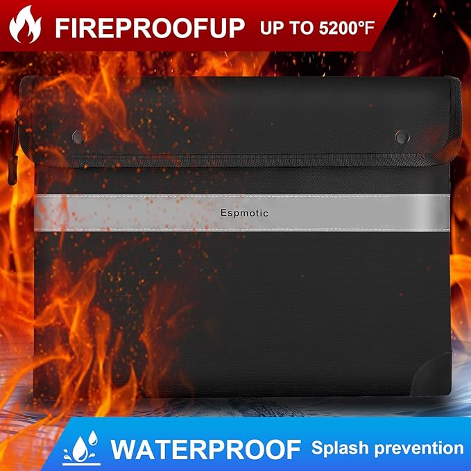 Fireproof Document Bag – 5200°F Heat-Resistant, 14.2" x 10.6" Waterproof Money Pouch with 8-Layer Protection, Zipper and Snap Closure, Reflective Strip for Quick Access, Black-DeskLoop Office