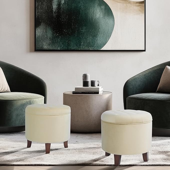 Homepop Home Decor | Upholstered Round Velvet Tufted Foot Rest Ottoman | Ottoman with Storage for Living Room & Bedroom | Decorative Home Furniture, Cream-DeskLoop Office