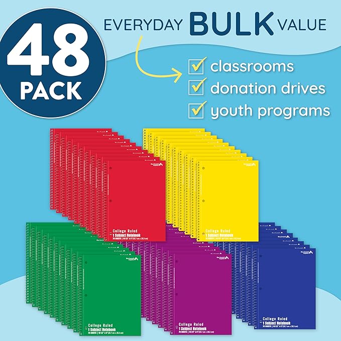 Blue Summit Spiral Notebooks Bulk, One Subject Spiral Notebook College Ruled, Perforated Notebook, 8 x 10.5 for Work and School, Paper, College Ruled, Bulk 48 Pack-DeskLoop Office