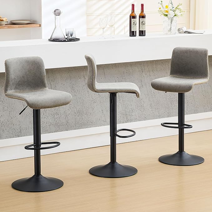 HeuGah Bar Stools Set of 3, Swivel Counter Height Barstools with Back, Adjustable Height 24" to 32", Gray Faux Leather Bar Chairs for Kitchen Island (Gray, Set of 3 (24'' to 32''))-DeskLoop Office
