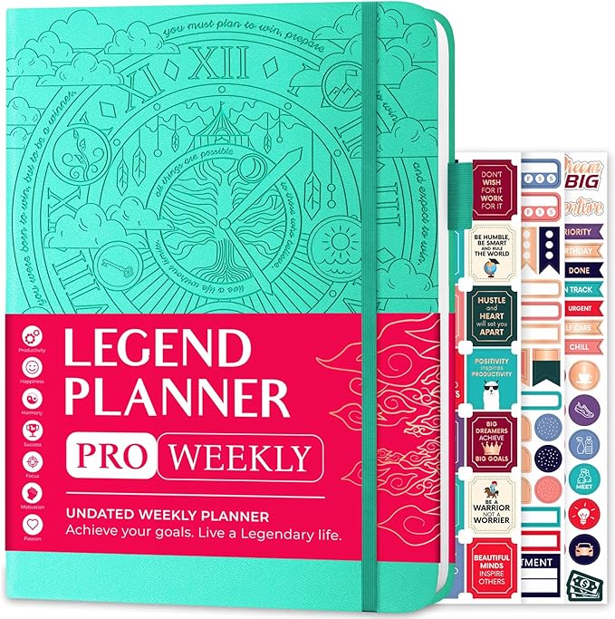 Legend Planner PRO – Deluxe Weekly & Monthly Life Planner to Increase Productivity and Hit Your Goals. Time Management Organizer Notebook – Undated – 7 x 10" Hardcover + Stickers – Mint Green-DeskLoop Office