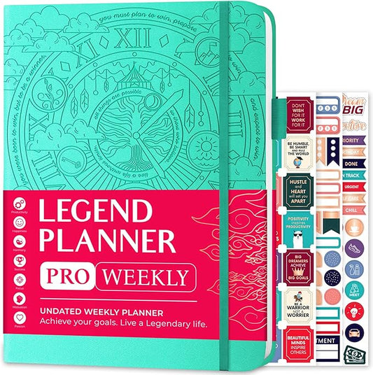 Legend Planner PRO – Deluxe Weekly & Monthly Life Planner to Increase Productivity and Hit Your Goals. Time Management Organizer Notebook – Undated – 7 x 10" Hardcover + Stickers – Mint Green-DeskLoop Office