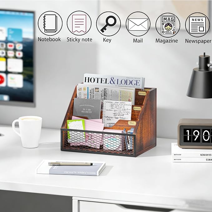 Mail Organizer Countertop, Wooden Mail Holder, 4 Slot Letter Holder - Image 2