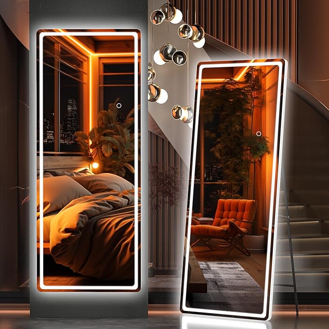Hasipu Full Length Mirror with Lights, 56" x 20" LED Floor Mirror, Full Body Dressing Standing, Hanging Mounted Mirror for Living Room Bedroom Cloakroom, Round White-DeskLoop Office