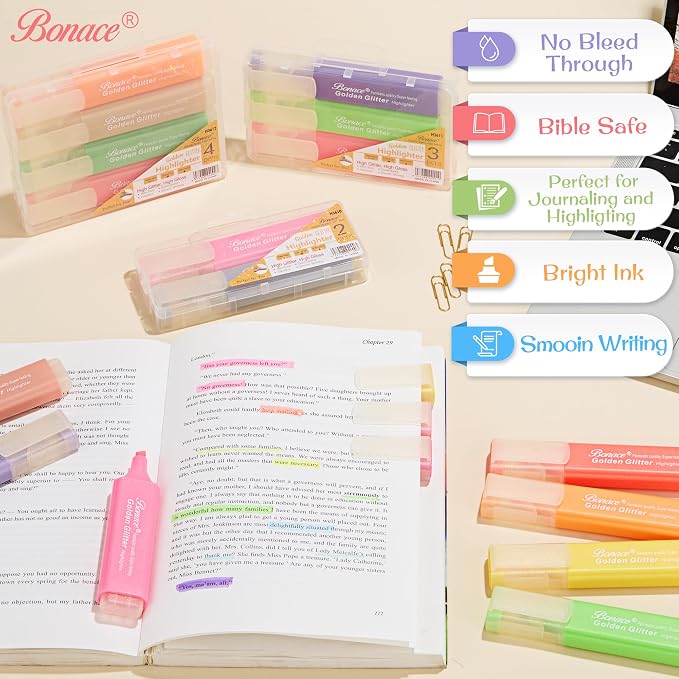 24 Glitter Highlighters, Metallic Chisel Tip Marker Pens | Pastel & Fluorescent - Image 2