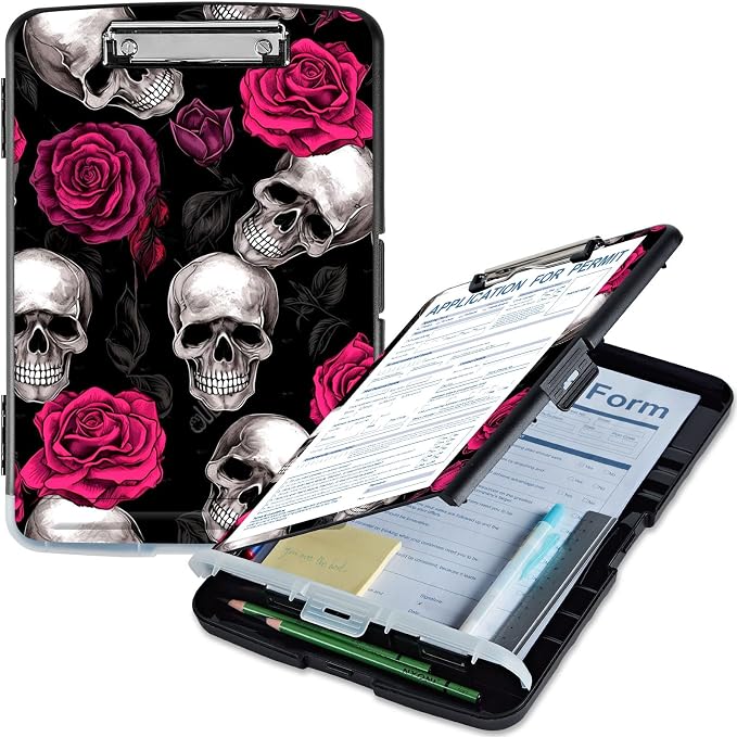 Clipboard with Storage, High Capacity Skull Rose Storage Clipboard 9.5x14 with by Qindaiwen