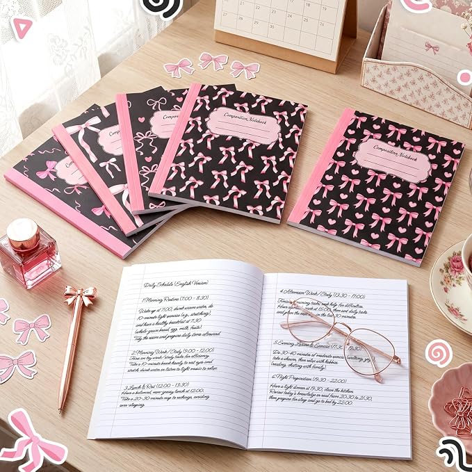 Fullhawl 6 Pack Composition Notebook College Ruled Bulk Black Pink Bow - Image 3