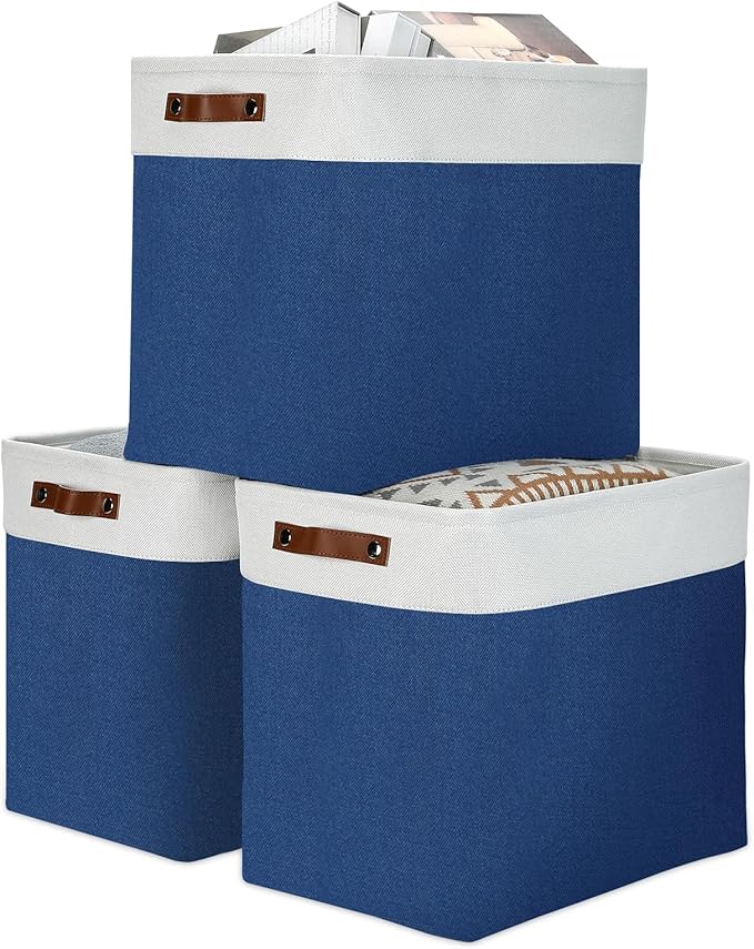 DULLEMELO 51L Large Baskets for Storage, Large Rectangular Baskets for Shelves [3 Pack], Blanket Basket Dog Toy Basket for Organizing Closet, Nursery, Clothes,Toys (White&Blue)-DeskLoop Office