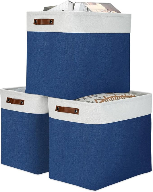 DULLEMELO 51L Large Baskets for Storage, Large Rectangular Baskets for Shelves [3 Pack], Blanket Basket Dog Toy Basket for Organizing Closet, Nursery, Clothes,Toys (White&Blue)-DeskLoop Office