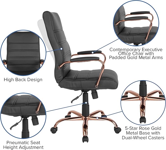 Flash Furniture Whitney High-Back Swivel LeatherSoft Desk Chair with Padded Seat and Armrests, Adjustable Height Padded Office Chair, Black/Rose Gold-DeskLoop Office