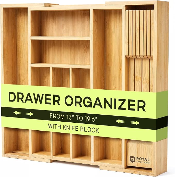 Drawer Organizer for Kitchen Organization – Expandable Bamboo Silverware Drawer by ROYALCRAFTWOOD