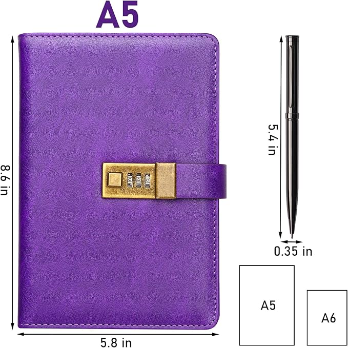 WEMATE Diary with Lock, A5 PU Leather Journal with Lock 240 Pages, Vintage - Image 4