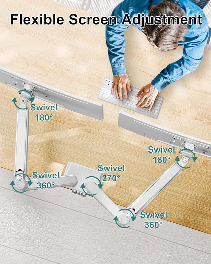 Dual Monitor Desk Mount - Adjustable Monitor Arm for 2 Monitors up to 32 inches/19.8 lbs, Double Monitor Stand VESA Bracket with C-Clamp & Grommet Mounting, Computer Screen Mount, White, Freelift-DeskLoop Office