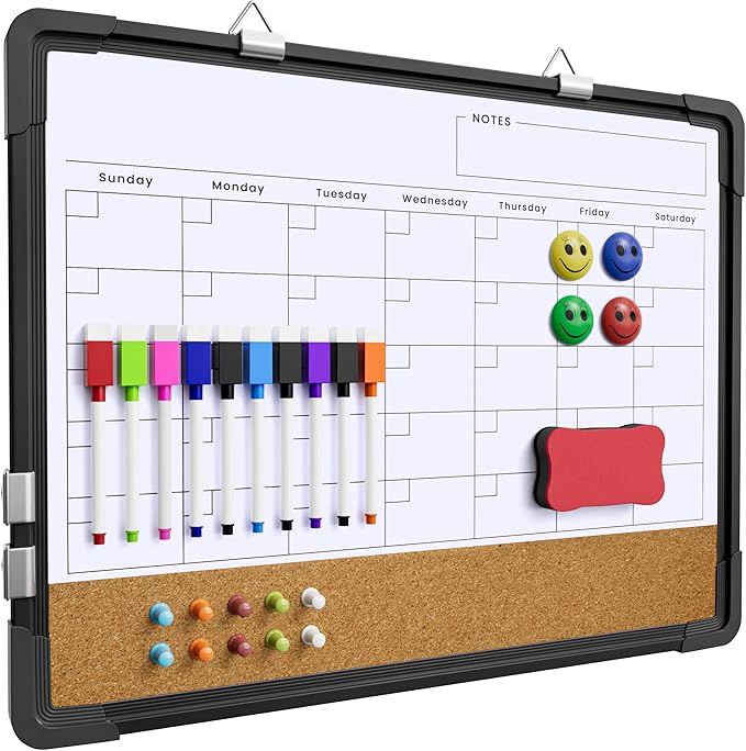 Dry Erase Calendar White Board for Wall, Polegas 17" X 13" Magnetic Whiteboard Dry Erase Cork Board Combination, Small Wall Monthly Double Sided Boards Student, Home, Office (Black)-DeskLoop Office