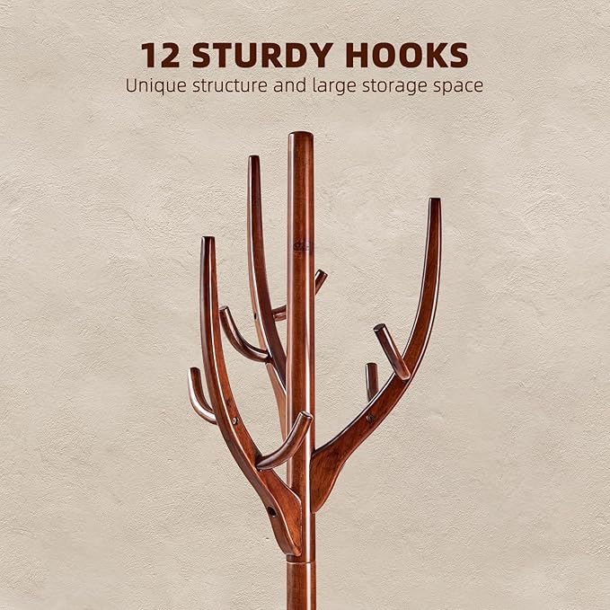 Uniclinens Coat Rack Freestanding Solid Wood Coat Tree Standing with 12 Hooks, Coat Rack Stand Creative Tree Branch-look (Walnut)-DeskLoop Office