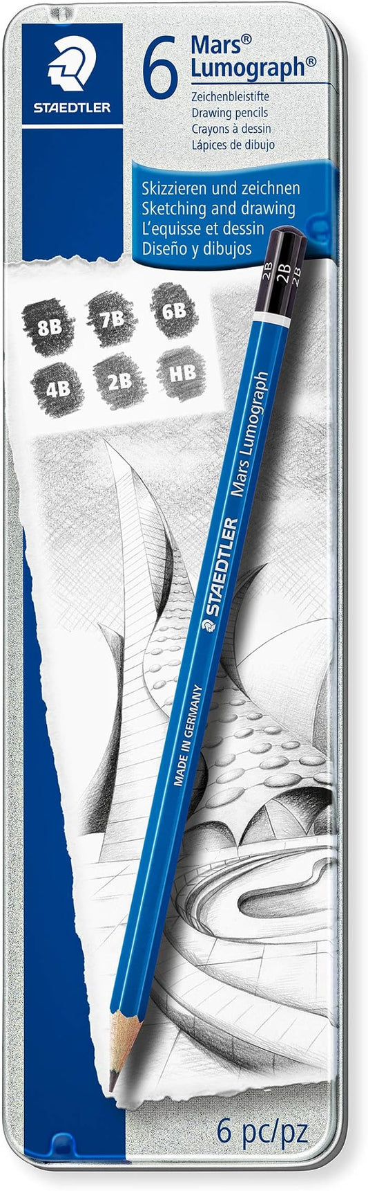 STAEDTLER Lumograph Graphite Drawing and Sketching Pencils 100G6, Set of 6 Degrees in an Attractive Storage Tin (100G6)