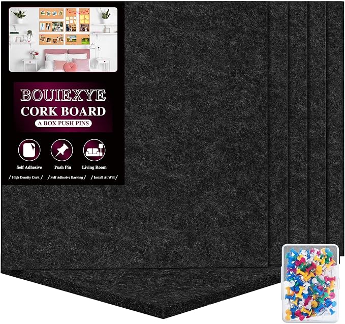 Bouiexye Felt Cork Board Tiles 6 Pack Black Bulletin Boards 12"x12" by LooksForwardtoSeeingYou