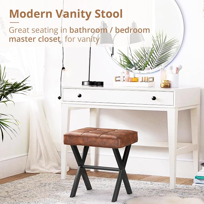 LUE BONA Vanity Stool, Square Faux Leather Makeup Stool - Image 3
