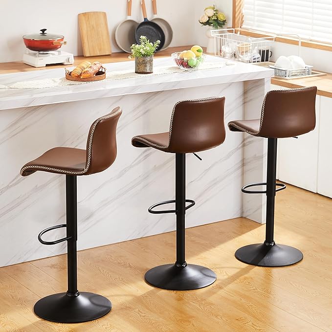 HeuGah Bar Stools Set of 3, Swivel Counter Height Barstools with Back, Adjustable Height 24" to 32", Brown Faux Leather Bar Chairs for Kitchen Island (Brown, Set of 3 (24'' to 32''))-DeskLoop Office