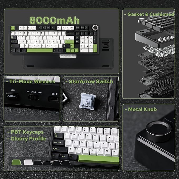 EPOMAKER X Aula F99 PRO Wireless Gaming Keyboard with 8000mAh Battery, Hot Swappable Creamy Keyboard, 2.4GHz/Type-C/BT5.0, NKRO, RGB Backlit for Win/Mac/Gaming (Black&White&Green)-DeskLoop Office