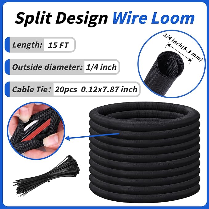 15FT Split Braided Sleeve Cable Management, 1/4 Inch Wire Loom Tubing Cord - Image 2