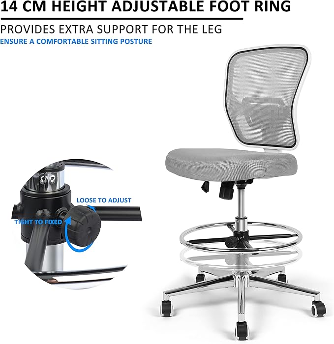 Drafting Chair, Tall Office Chair for Standing Desk, Drafting Stool with Lumbar Support, Adjustable Height and Foot Ring, Grey-DeskLoop Office