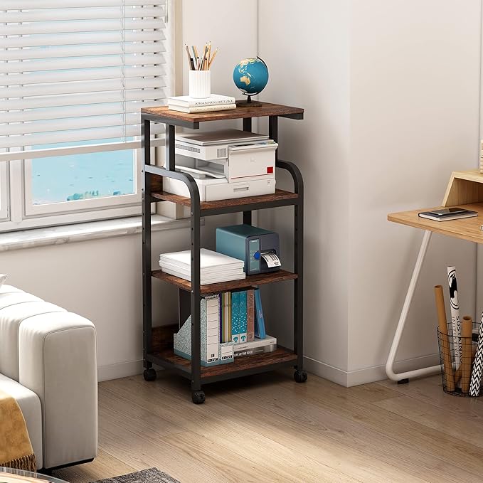 4-Tier Printer Stand with Adjustable Storage Shelf, Large Tall Printer Table with Wheels for Home Office Small Spaces Organization, Rustic Brown-DeskLoop Office