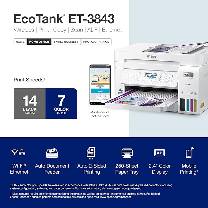 Epson EcoTank ET-3843 Wireless Color All-in-One Cartridge-Free Supertank Printer with Scanner, Copier, ADF and Ethernet-for The Ultimate Home Office, White-DeskLoop Office