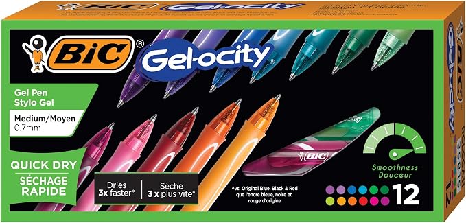 BIC Gel-Ocity Quick Dry Gel Pens, Medium Point Retractable Gel Pen, 12-Count- by BIC