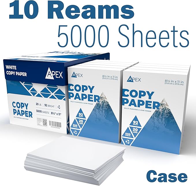 Copy Paper, Printer Paper, 20lb Multipurpose, Printer Paper 8.5 x 11 White, 92 Bright, White Paper, Office Supplies, 500 Sheets Per Ream (10 Reams Case 5000 Sheets)-DeskLoop Office